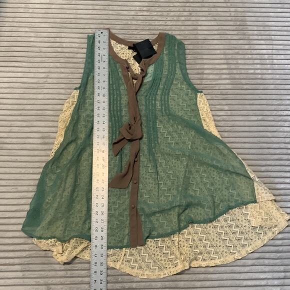 Ryu Sheer Lace Ruffle Green Brown Shirt Dress Boho Fairy Small New with Tags - Picture 8 of 8